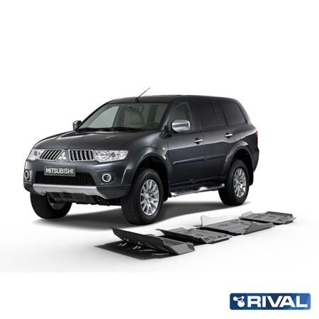 Juego de protecciones (radiador, cárter, caja de cambios, columna de timón) Mitsubishi L200 2006-2014; 2013-2015; Pajero Sport 2008-2013; 2013-2016; 3,2 l. / gasolina; 3 l. / gasolina; 3,2 l. / diesel